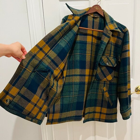 Vintage WOOLRICH Plaid Wool Coat, 1960s Hunting Jacket, M/L 42, Green/Blue/Tan - Picture 16 of 16